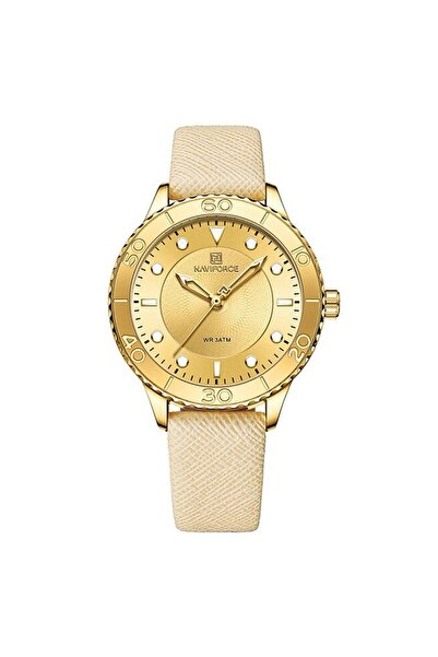 Naviforce Ladies Leather Wrist Watch In Skin Color Leather Strap And Golden Analog Dial
