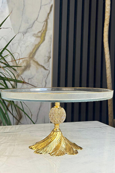 La Micellar Rocher Gold Detailed Glass Presentation Plate & Pedestal Cake Cookie Stand (28 cm)