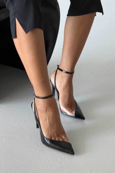 AYAKKABI PRENSİ Prem Transparent Detailed Stone Buckle Black Patent Leather and Transparent