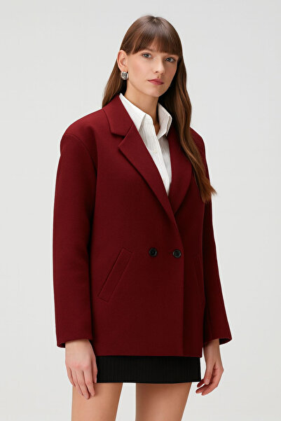 Modayıldızlar Kadın Kısa Kaşe Kaban Düğmeli Bordo
