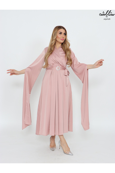 Stylish فستان ميدي باللون الوردي تصميم لف بقصة أكمام أنيقة