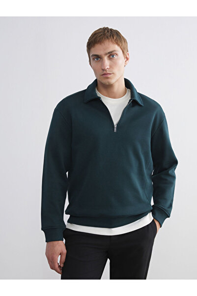 LC Waikiki Lcw Vision Green Polo Collar Men's Thick Sweatshirt
