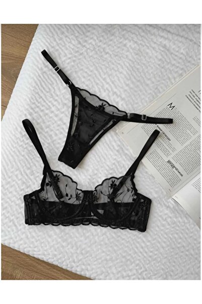 Freya Kadın Transparan Dantelli Tanga Külotlu Sütyen Takım