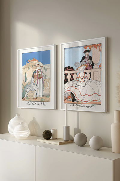 Basquiart Set de 2 postere cu ilustrații vintage, înrămate alb, set de pictur...