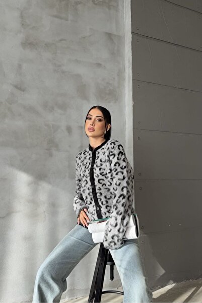 Noi Belis Leopard Patterned Crew Neck Knitwear Cardigan Aw25Hi0040