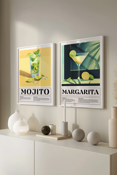 Basquiart Set de 2 postere cu ramă albă pentru cocktailuri, Set de picturi nr...