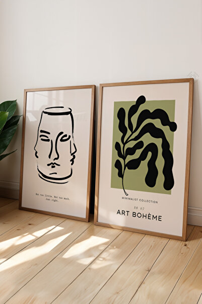 Basquiart Poster minimalist boem din 2 piese cu ramă din lemn, set de picturi...