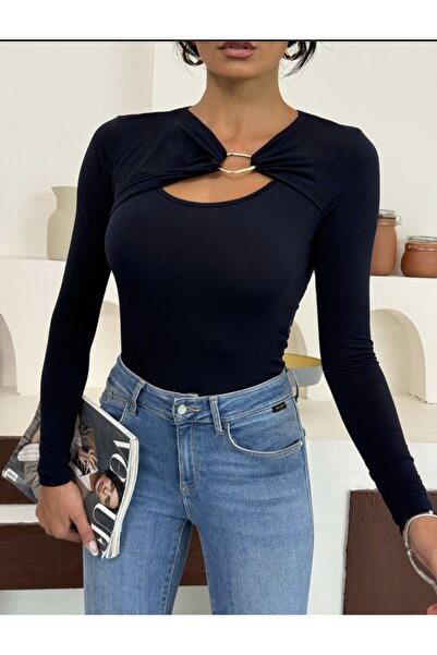 Genel Markalar Kadın Lacivert Gold Aksesuarlı Göğüs Dekolteli Uzun Kollu Cand...