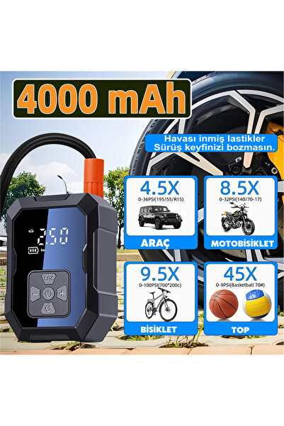Raiden H-9293 Akıllı Hava Kompresörü 4000mAh 4IN1 Şarjlı Araç Çakmaklık Taşınabilir Araç Lastik Top Şişirme