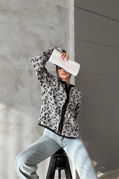 Noi Belis Leopard Patterned Crew Neck Knitwear Cardigan Aw25Hi0040