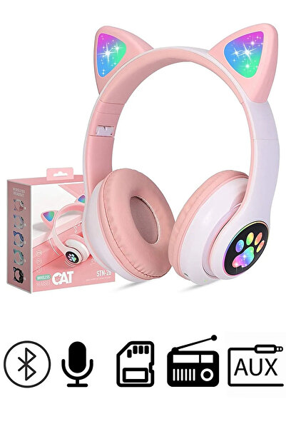 Angelphoto Pembe Stn28 Renk Kablosuz Bluetooth 5.0 Led Işıklı Kedili Şık Kula...