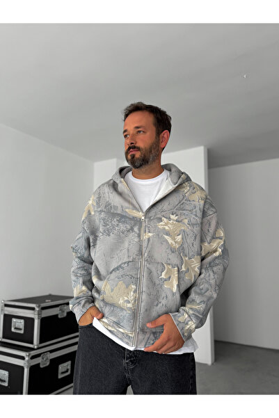 BYBASICMAN Gri Yaprak Desenli Fermuarlı Sweatshirt HM-0016