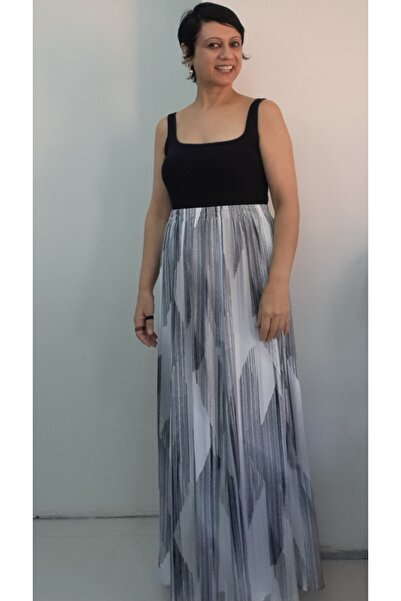 Mertcan Butik Λευκή μαύρη φούστα από βισκόζη με χτενισμένο σχέδιο 6 τεμαχίων