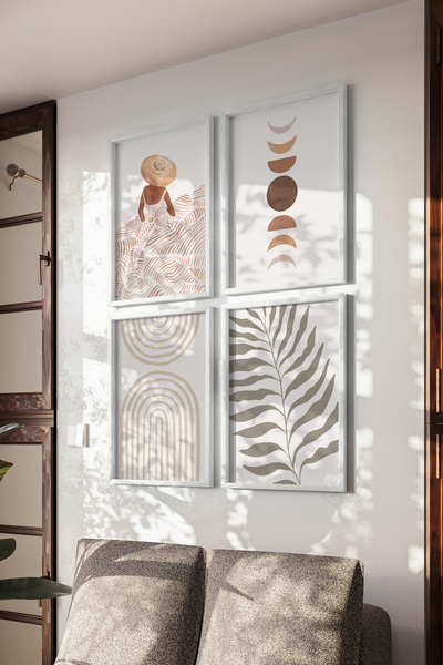 Basquiart Set de 4 postere cu ramă albă Boho Decor, Set de picturi nr.:2