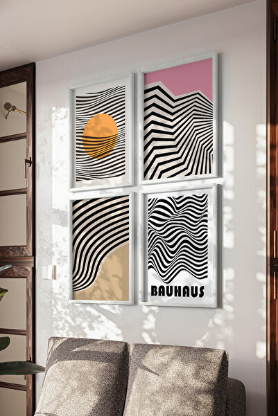 Basquiart Poster minimalist Bauhaus, cu ramă albă, în 4 piese, set de picturi...