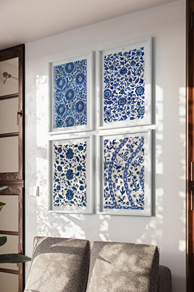 Basquiart Çini Desenli 4'lü Beyaz Çerçeveli Poster, Tablo Seti No:45