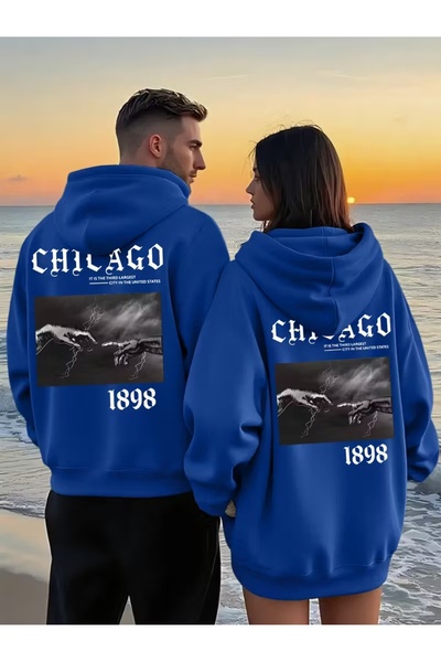 darkopia Sevgili Çift Kombini Chicago Eller SIRT Baskılı Tasarım Kapüşonlu Sweatshirt 2li Set Takım