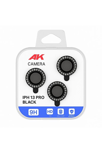 iPhone 13 Pro Uyumlu Kamera Lens Koruyucu – Siyah Taşlı (Black)