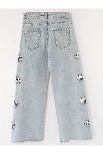 DobaKids Leopar Kumaş Garnili Destroyed Bol Paça Loose Fit Kız Çocuk Jean Pantolon Buz Mavi