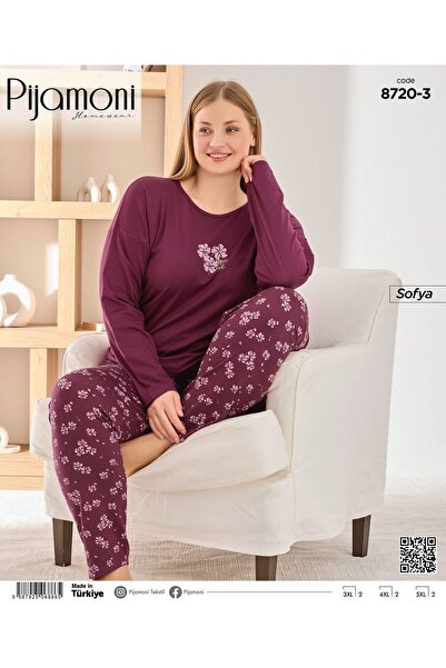 Pijamoni Büyük Beden Mor Renkli Sofya Kumaş Sıfır Yaka Uzun Kollu Kadın Pijama Takımı