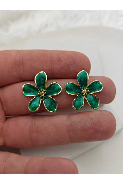 KYOLA DESİGN Yeşil Parlak Mineli 5 Yapraklı Gold Kadın Küpe (3cm)