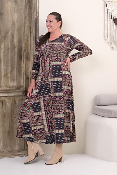 Truva XXL Plus Size Full Length V-Neck Authentic Patterned Viscose Lycra Long Sleeve Dress