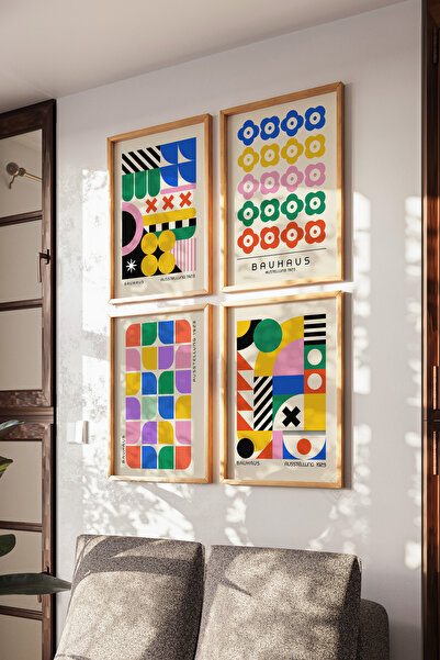 Basquiart Poster Bauhaus, set de 4 postere cu ramă din lemn, set de picturi n...