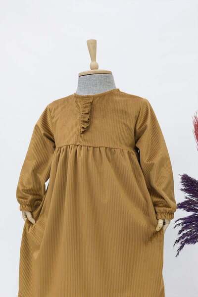Betül Akbay Girl's Velvet Dress - Mihri Model Long Hijab Dress Honey Foam