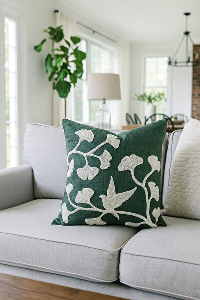 Pilloveland Punch Nakışlı Kırlent Kılıfı - 43*43 Cm - Ginkgo Koyu Yeşil - PNK001