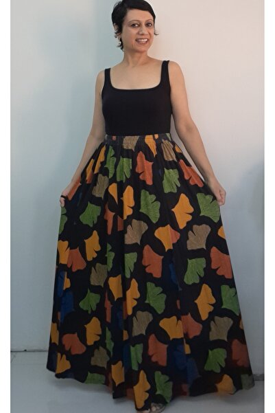 Mertcan Butik Black Leaf Patterned 6-Piece Combed Viscose Skirt