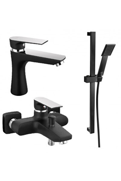 FERRO Pachet 3 in 1 Baterie cada/dus Negru-crom, baterie lavoar SQUARE si Set...