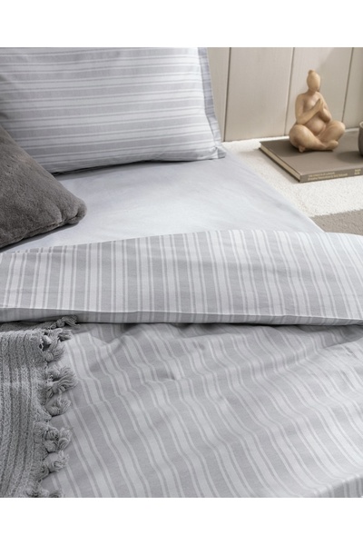 Madame Coco Melicia Double Cotton Striped Satin Duvet Cover Set - Gray
