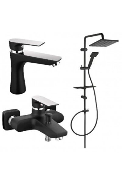 FERRO Baterie cadă/duș 3 în 1 crom-negru cu baterie pătrată pentru lavoar și coloană de duș neagră mată