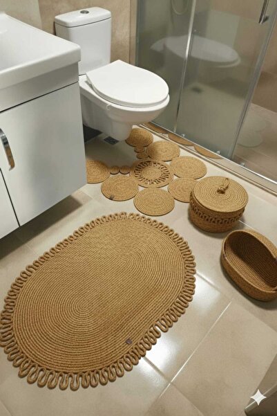 BHR Creative طقم حمام من الجوت، طقم سجادة حمام، سلة مهملات، سجادة لحوض المرحاض وطقم سلة، طقم حمام