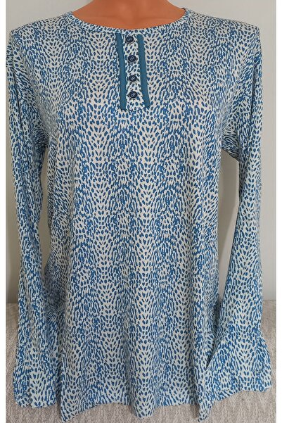 Anne Er Clothing Combed Cotton Blouse Long Sleeve Crew Neck Cream Patterned