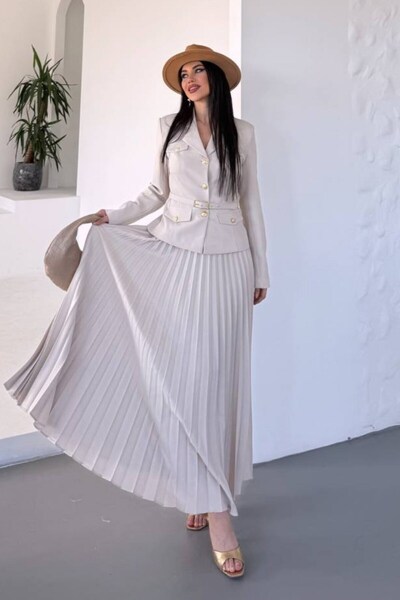 AKD Atelier طقم نسائي مكون من قطعتين، سترة قصيرة أنيقة مع حزام وتفاصيل جيب وز...