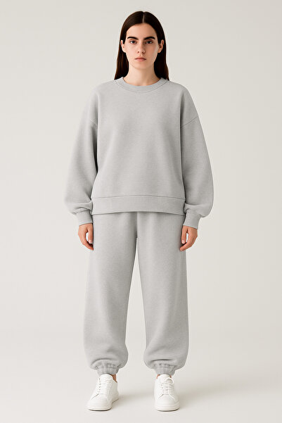 LUMİZA Women's Gray Oversize Crew Neck Sweatshirt and Rubber Leggings Tracksuit Set