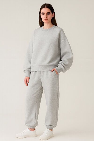 LUMİZA Women's Gray Oversize Crew Neck Sweatshirt and Rubber Leggings Tracksuit Set