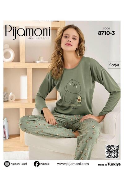 Pijamoni Yeşil Renkli Sofya Kumaş Sıfır Yaka Uzun Kollu Kadın Pijama Takımı