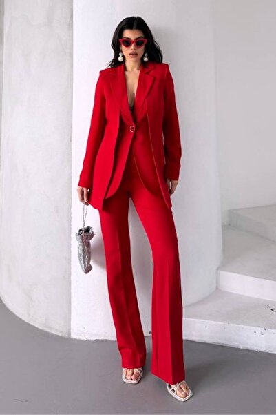 AKD Atelier Women's Two-Piece Top and Bottom Set Stylish Double-Layer Buttoned Blazer Jacket Wide-Leg Pants Set