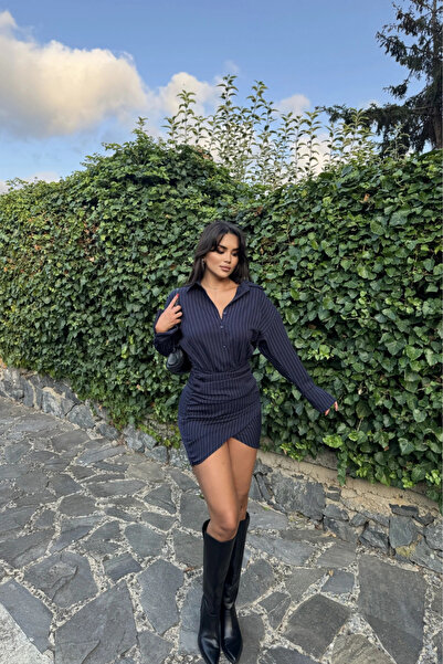 MOZENA Çizgili Double Kumaş Mini Gömlek Elbise