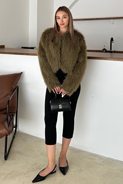 Olcay Zero Collar Crop Faux Fur Jacket Khaki 1014