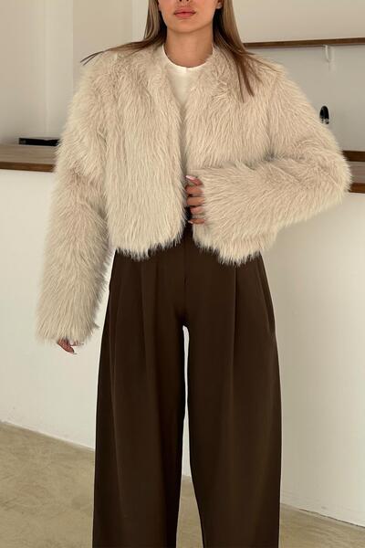 Olcay Zero Neckline Crop Faux Fur Jacket Stone 1014