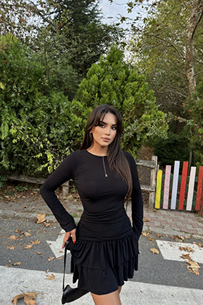 MOZENA Bisiklet Yaka Eteği Fırfırlı Mini Elbise