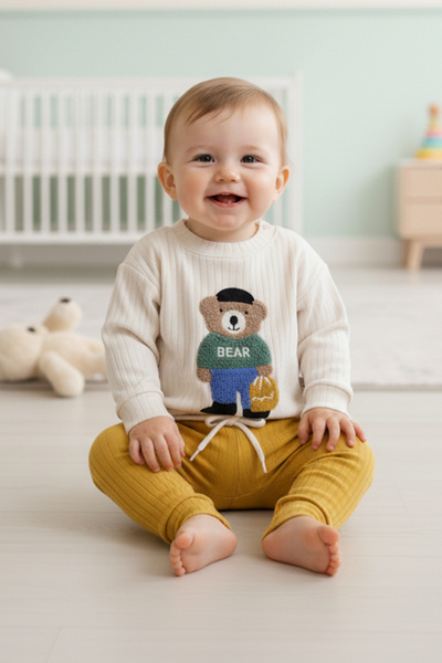 Lindakids Fitilli Kumaş % 100 Pamuk Omuzdan Çıtçıtlı Ayıcık Kabartmalı Erkek Bebek Takım 12-18-24 Ay