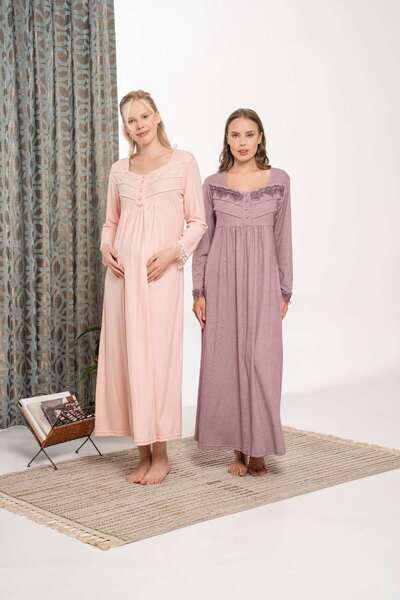 Lohussa Women's Powder Nevrürlü Melisa Buttoned Thick Winter Plus Size (Oversized) Long Sleeve Full Length Nightgown