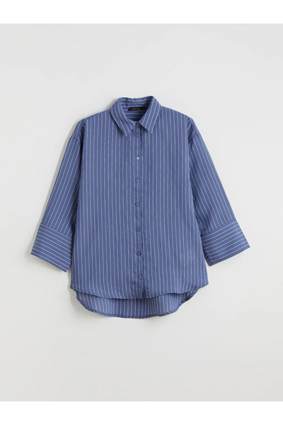 LC Waikiki LCWAIKIKI Classic Indigo Çizgili Oversize Kadın Gömlek