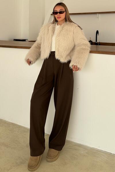 Olcay Zero Neckline Crop Faux Fur Jacket Stone 1014