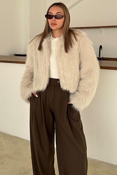 Olcay Zero Neckline Crop Faux Fur Jacket Stone 1014