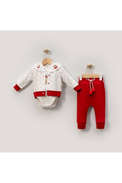 MİLAYS LİFE HOME COLLECTİON Baby Girl Baby Cherry 3 Pieces. Takim Organic Cotton 3,6,9 Months